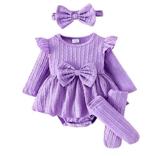 Baby Girls' Knitted Long Sleeve Bowknot Jumpsuit