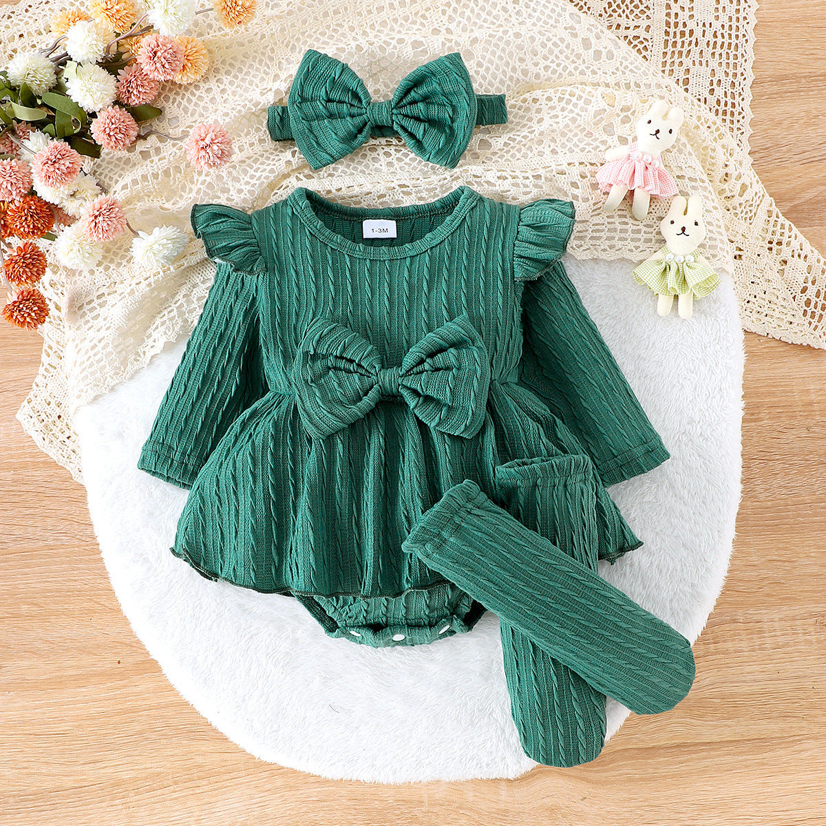 Baby Girls' Knitted Long Sleeve Bowknot Jumpsuit