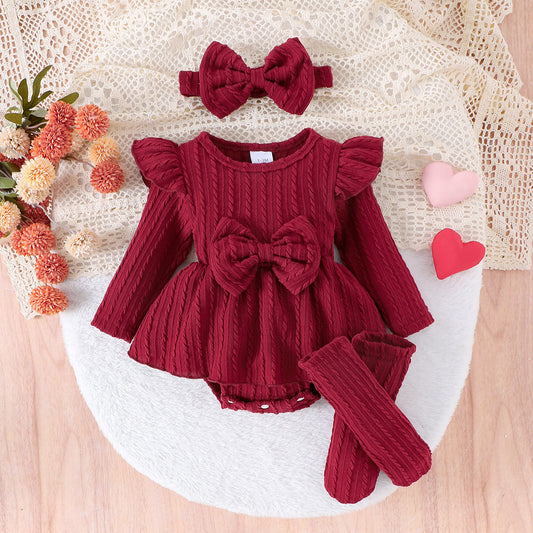 Baby Girls' Knitted Long Sleeve Bowknot Jumpsuit