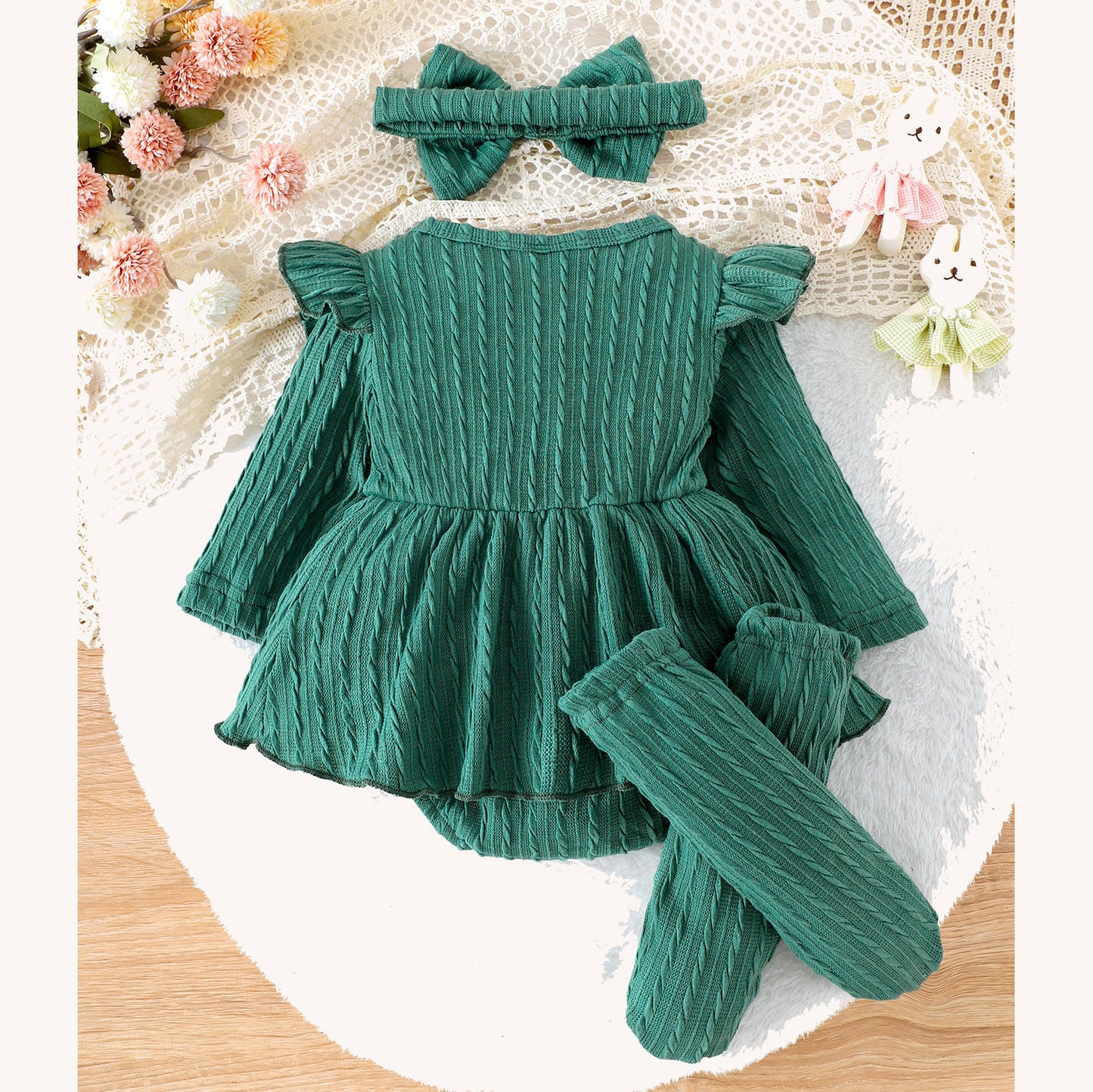 Baby Girls' Knitted Long Sleeve Bowknot Jumpsuit