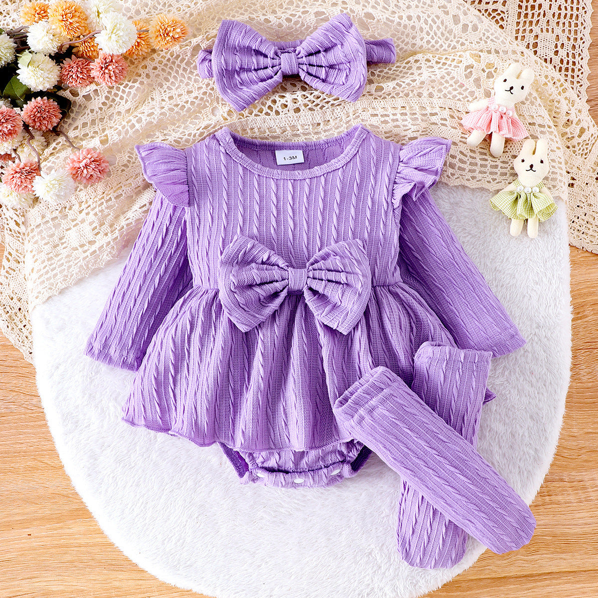 Baby Girls' Knitted Long Sleeve Bowknot Jumpsuit